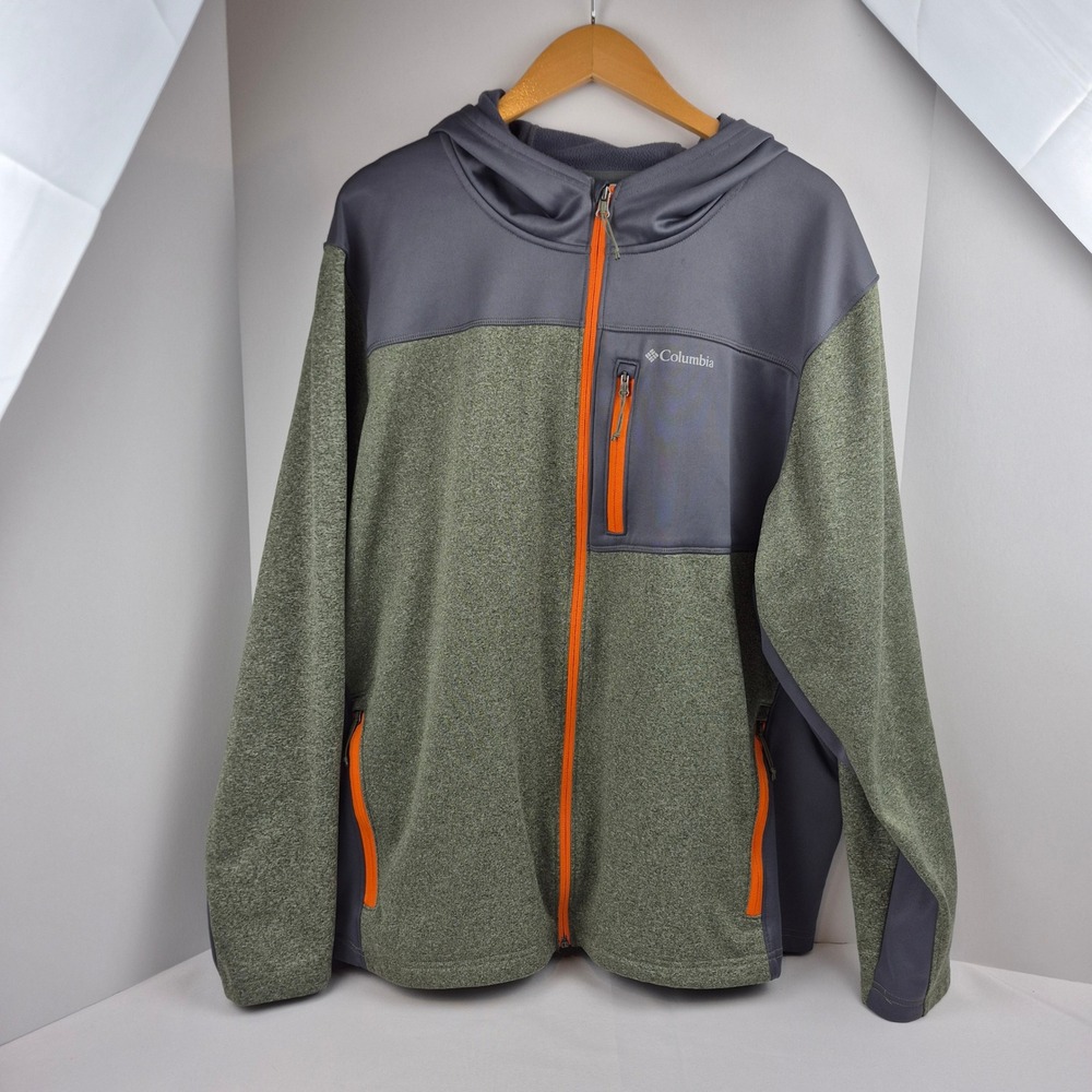 Columbia Mens XL Full Zip Hoodie Grey Green Orange Trim Fleece Lined Jacket